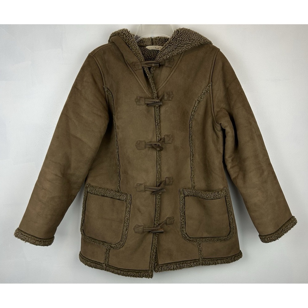 LL Bean Coat Womens Medium Petite Brown Faux Suede Sherpa Lined Hooded Toggle